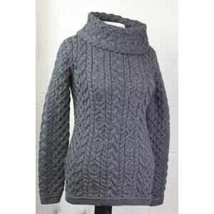 Aran Mor Ireland 100% Merino Wool Gray Jumper Size S Chunky Knit Roll Neck